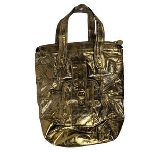 Tracy Reese Purse Gold Metallic Leather Buckle Deep Pockets Tote Shoulder Bag